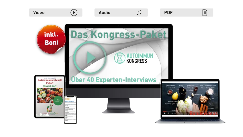 Das Autoimmunkongress Wissenspaket – Videokurs zu Autoimmunthemen 2 Hero-Banner für Autoimmunkongress Wissenspaket mit Geräte-Mockups und Bonusangebot