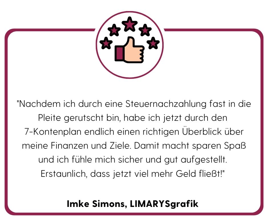 Das bewährte 7 Konten-Modell für Unternehmerinnen – Finanz-E-Book 6 Kundenstimme von Imke Simons, LIMARYSgrafik, mit fünf Sternen und Daumen-Symbol
