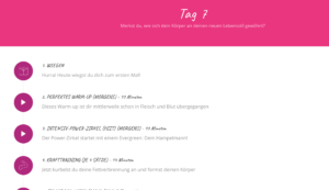 Screenshot der Kursstruktur Tag 7 mit Lernmodulen und Inhaltsverzeichnis