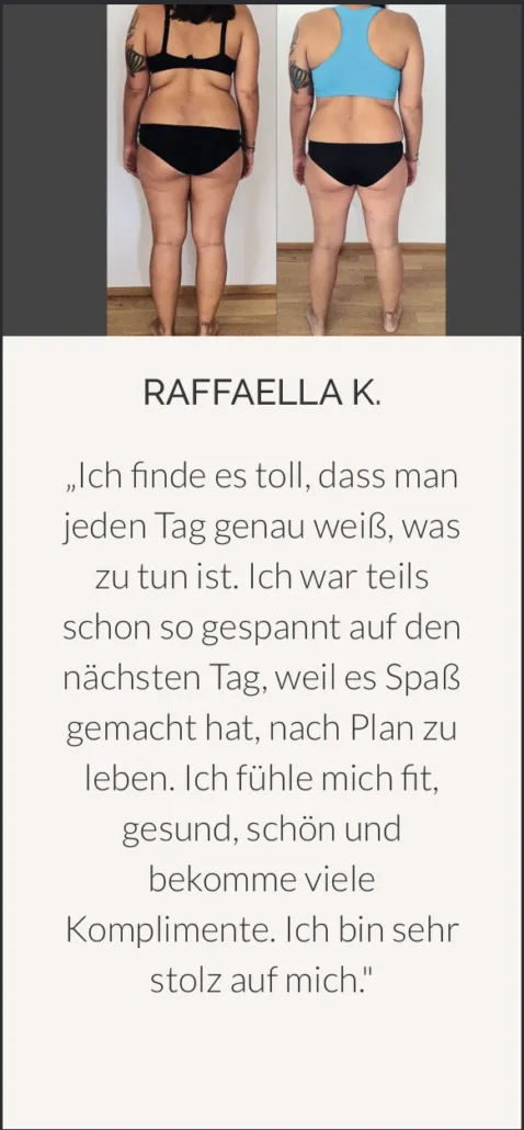 Vorher-Nachher-Vergleich von Raffaella K. mit Kundenstimme zum Bikini Bootcamp