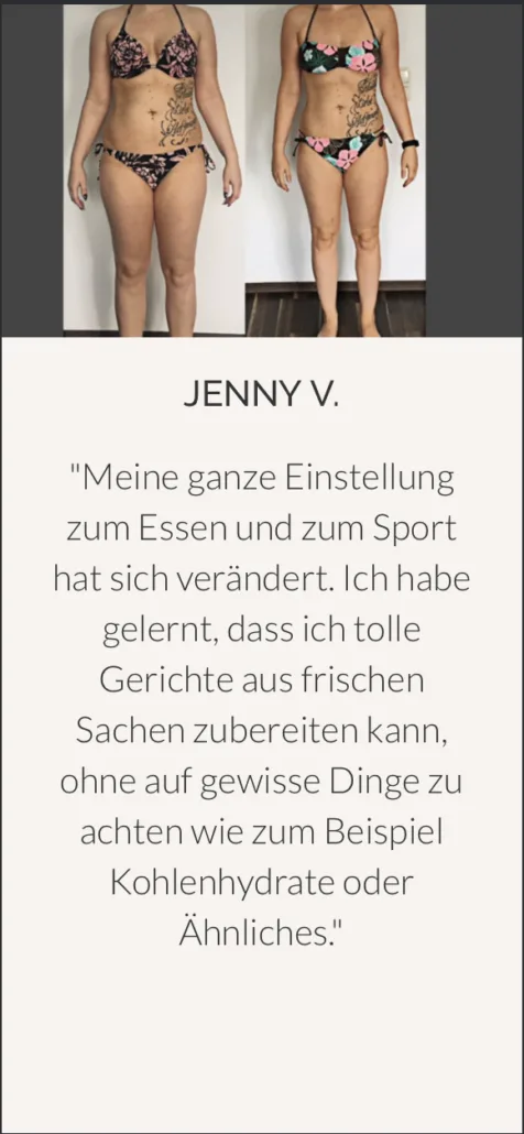 Vorher-Nachher-Vergleich von Jenny V. mit Kundenstimme zum Bikini Bootcamp