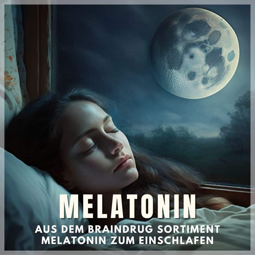 Melatonin Musik – Schlafende Frau am Fenster mit leuchtendem Vollmond in Nachtlandschaft