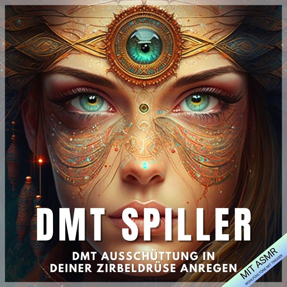 Frau mit drittem Auge und grünem Blick, Text 'DMT Spiller – DMT Ausschüttung in deiner Zirbeldrüse anregen'