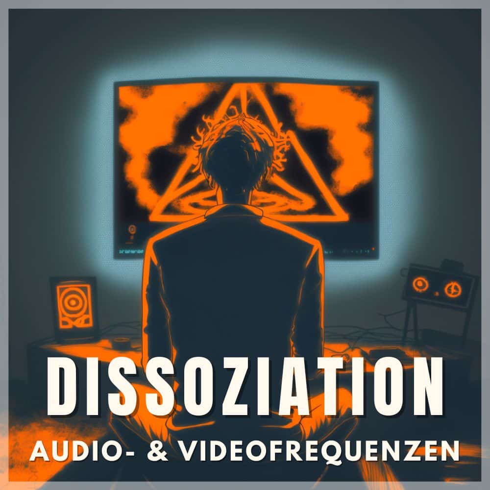 Person vor Bildschirm mit orangem Muster und Gittern, Text 'Dissoziation – Audio- & Videofrequenzen'