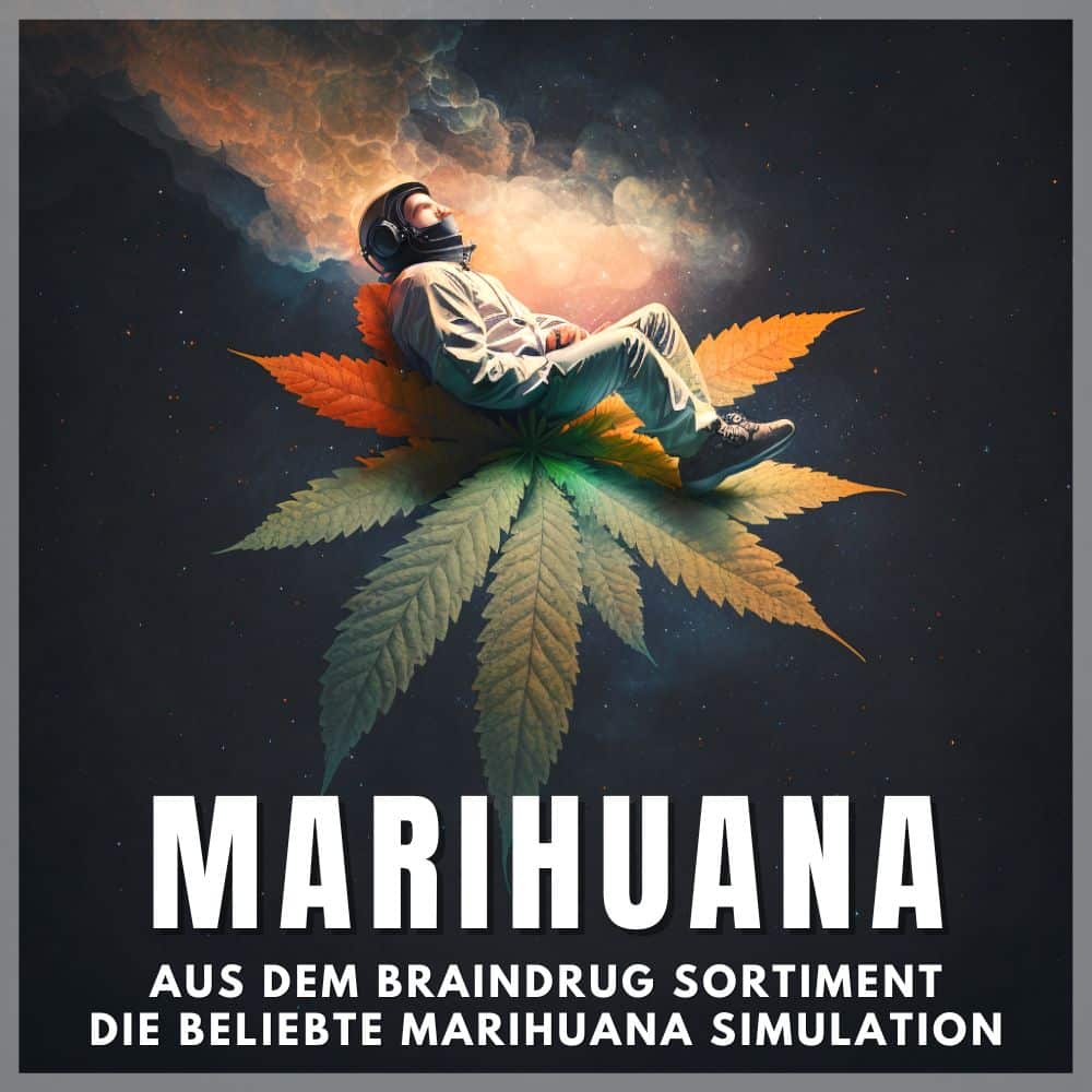 Braindrugs Marihuana Digitale Drogen – Person mit Helm auf Hanfblatt schwebt vor Sternenfeld