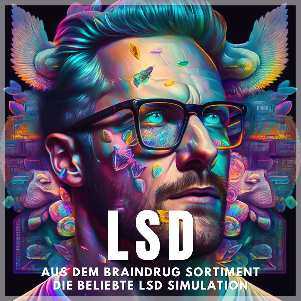 Mann mit Brille und farbigen psychedelischen Effekten, Text 'LSD – Aus dem Braindrug Sortiment – Die beliebte LSD Simulation'