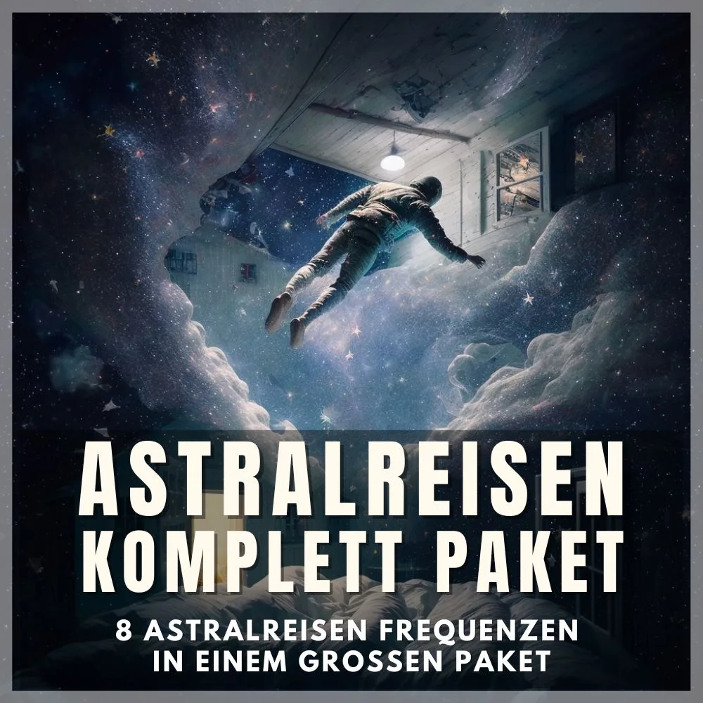 Mann schwebt im Weltall neben Haus, Text 'Astralreisen komplett Paket – 8 Astralreisen Frequenzen in einem großen Paket'