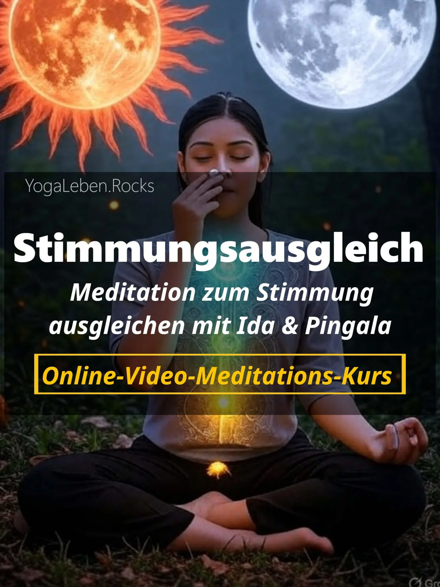 Stimmungsausgleich Meditation Thumbnail mit Frau, Sonne und Mond, Ida und Pingala