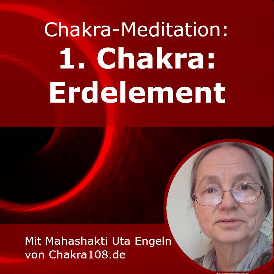 Chakra-Meditation 1. Chakra Erdelement Thumbnail mit rotem Hintergrund und Mahashakti Portrait