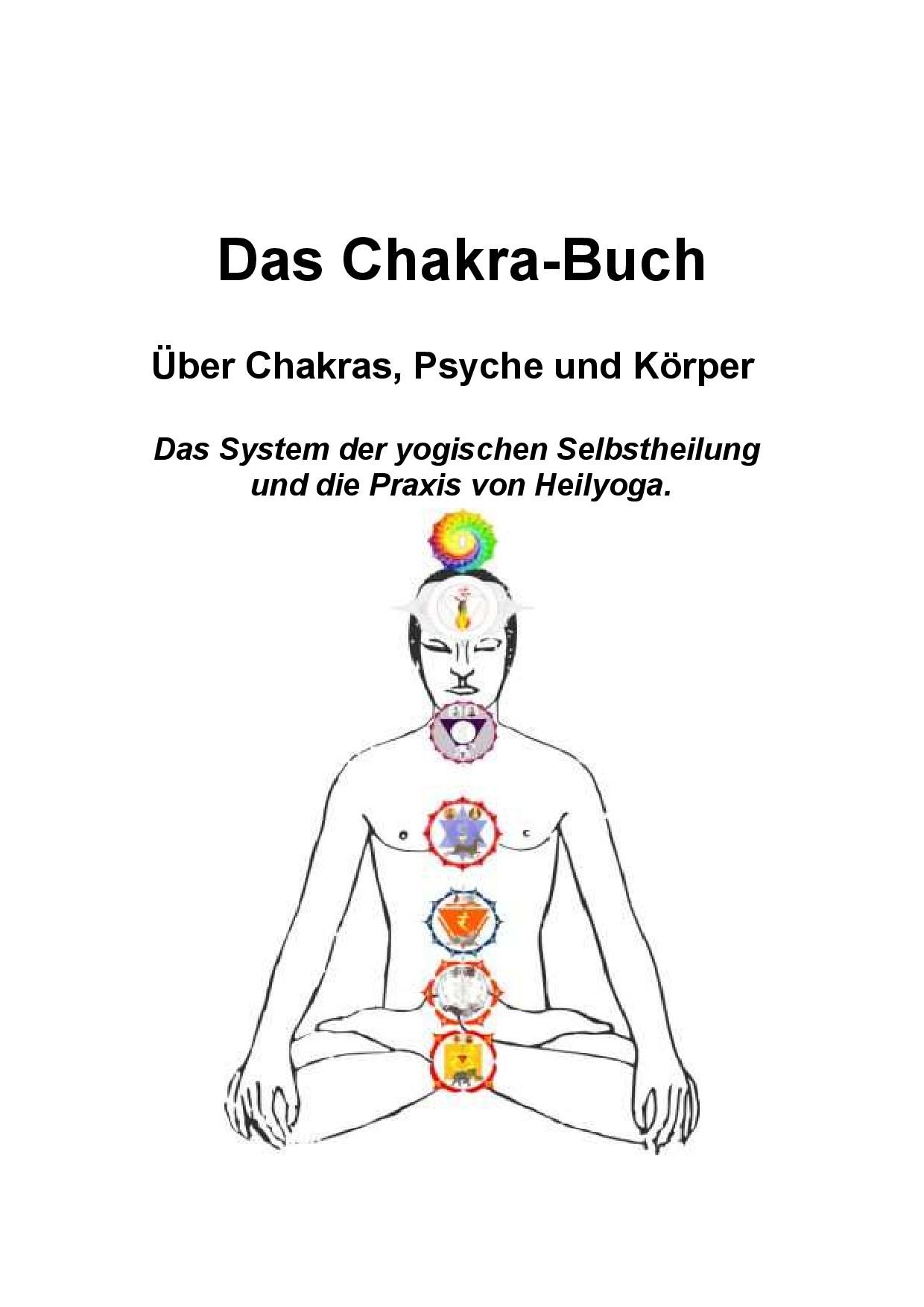 Das Chakra-Buch Cover mit Illustration eines meditierenden Menschen und sieben farbigen Chakren
