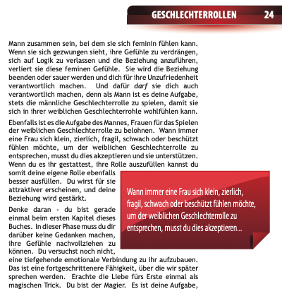 Seite mit Text über Geschlechterrollen und rote Text-Textbox mit Warnung