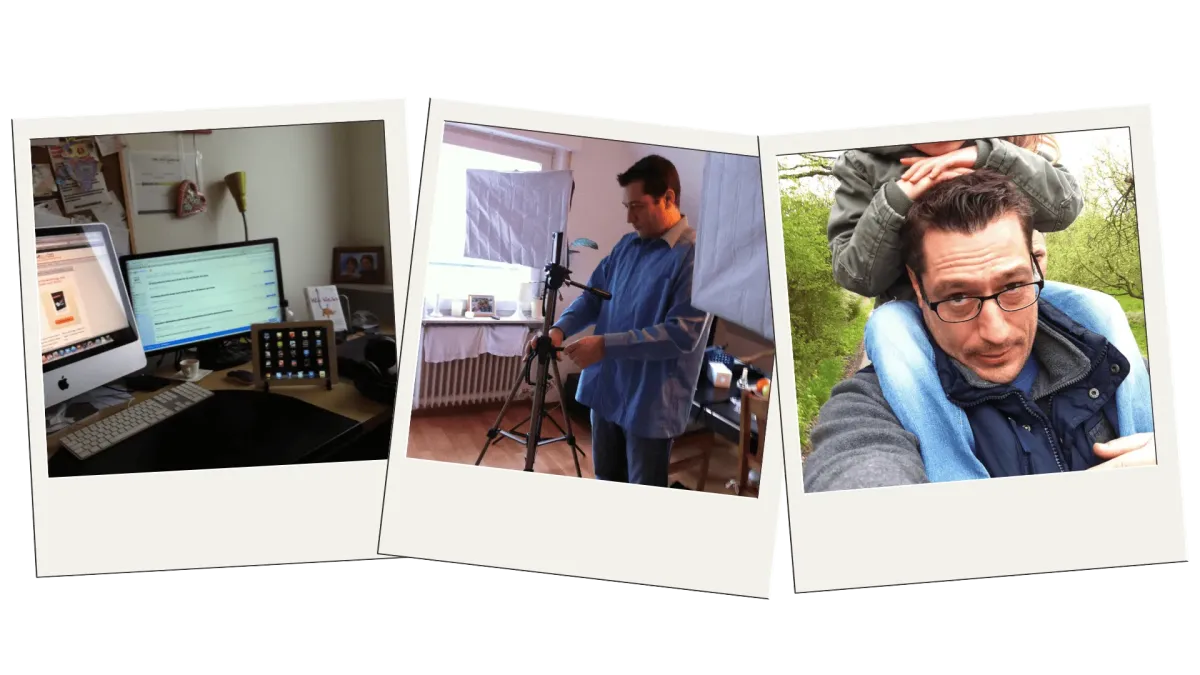 Drei Polaroid-Fotos von Mario Burgard: am Schreibtisch arbeitend, mit Mikrofon vor Kamera, Porträt mit Rucksack