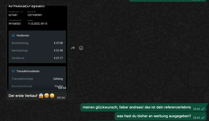 WhatsApp-Nachrichtenaustausch mit Transaktionsdetails und Umsatzzahlen, zeigt erstes Verkaufsergebnis