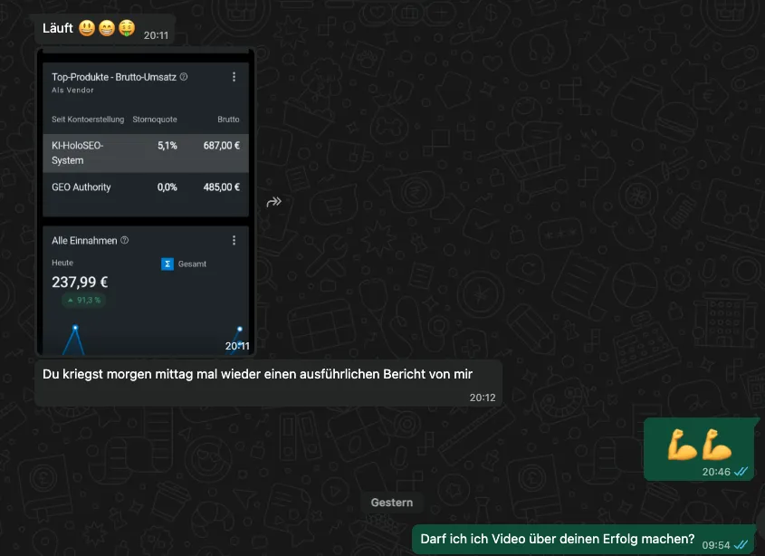 Chat-Screenshot mit Einnahmen-Statistik, zeigt Top-Produkte Brutto-Umsatz und Gesamteinnahmen von 237,99 Euro