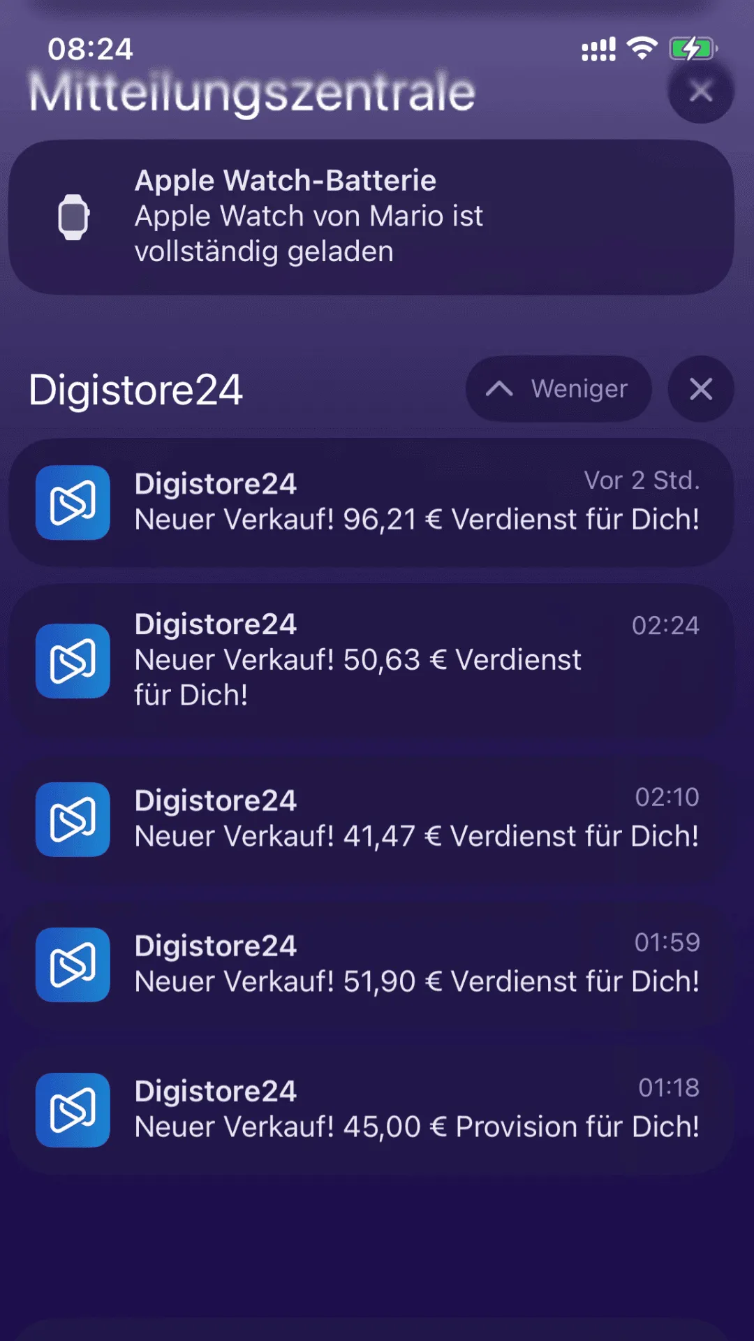 Smartphone Mitteilungszentrale mit mehreren Verkaufsbenachrichtigungen von Digistore24 mit verschiedenen Verdienstbeträgen