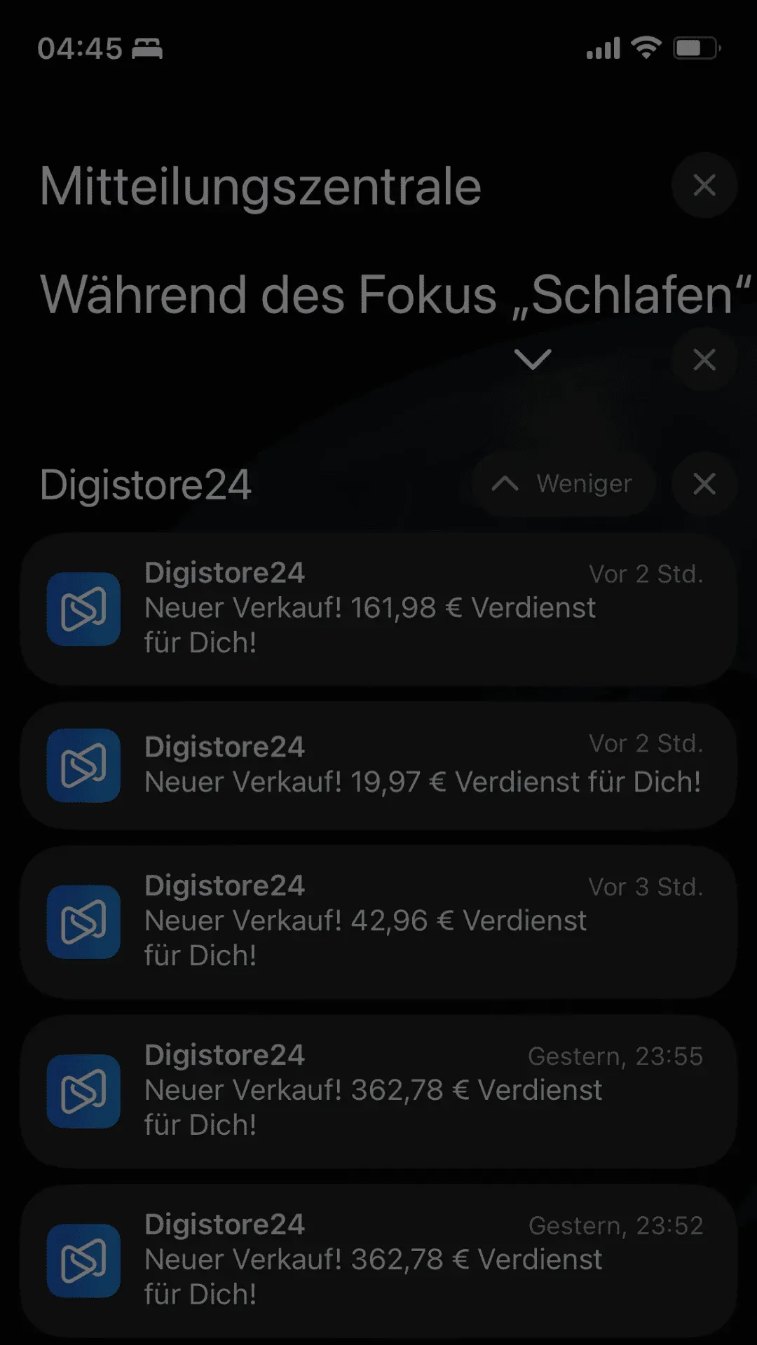 Smartphone Mitteilungszentrale zeigt mehrere Verkaufsbenachrichtigungen von Digistore24 auf dunklem Hintergrund