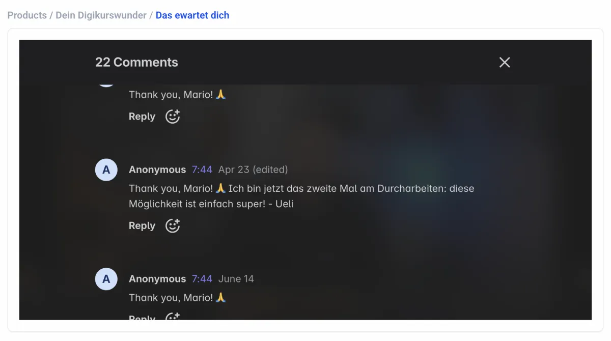 Kommentarsektion mit Kundenfeedback, verschiedene Nutzer danken Mario für den Kurs