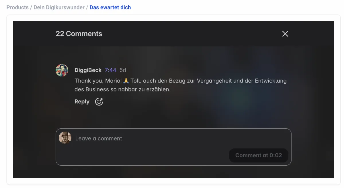 Kommentarsektion mit Feedback von DiggiBeck und Kommentarfeld zum Schreiben eines Kommentars