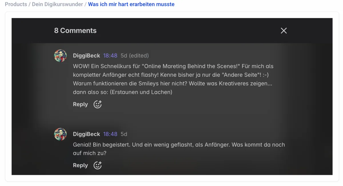 Kommentarsektion mit Bewertungen von DiggiBeck, darunter positive Feedbacks zum Kurs