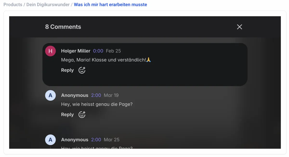 Kommentarsektion mit Bewertung von Holger Miller und weiteren Kommentaren zum Kurs
