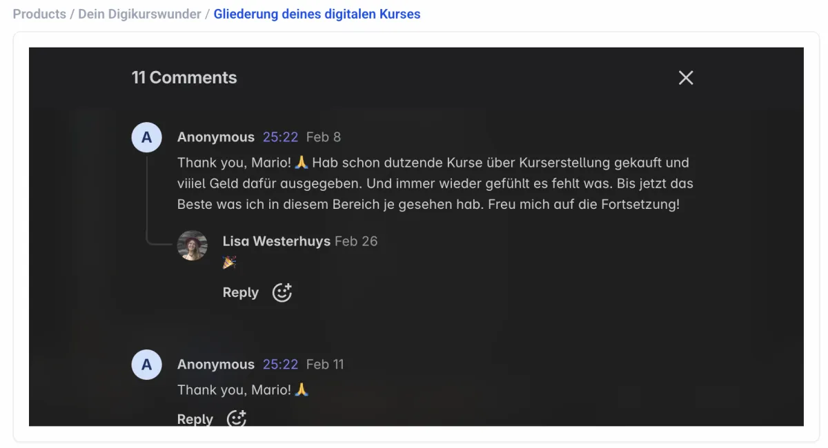 Kommentarsektion mit Kundenbewertungen zur Kursstruktur, mehrere positive Rückmeldungen