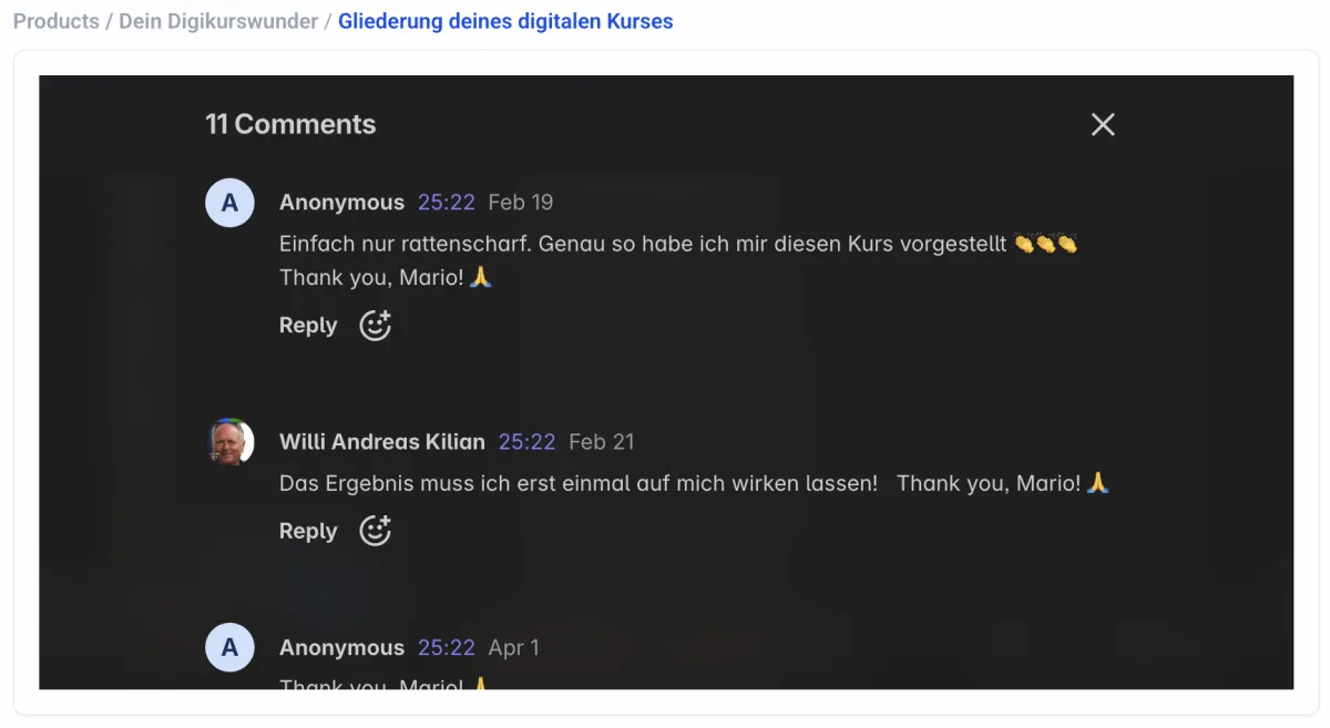 Kommentarsektion mit Bewertungen von Willi Andreas Kilian und anderen zum Kurs