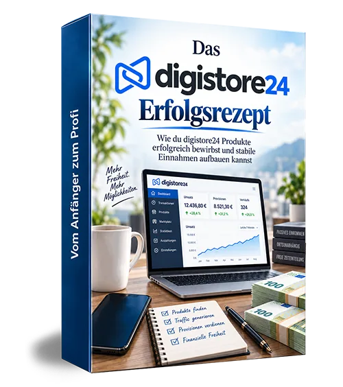 3D-Produktbox Das digistore24 Erfolgsrezept mit Laptop, Kaffee und Notizen auf Schreibtisch