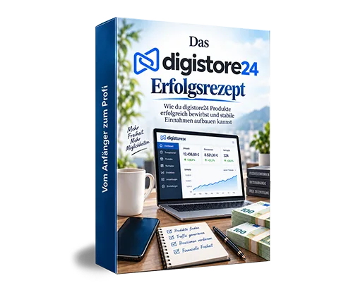 Produktbox Das digistore24 Erfolgsrezept mit Laptop, Kaffeetasse und Notizen auf Schreibtisch