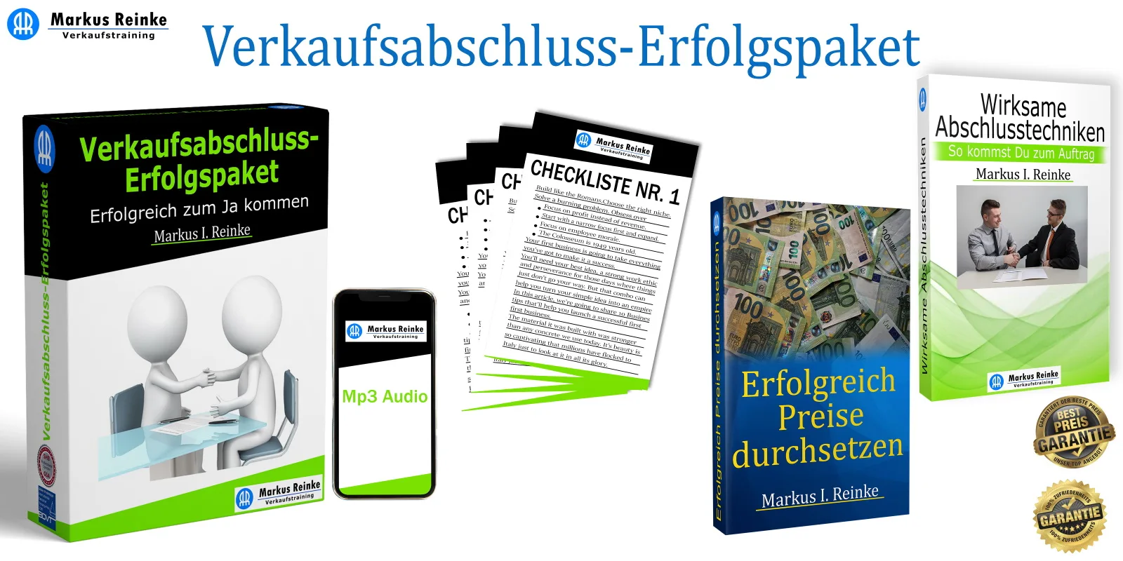 Header-Banner für Verkaufsabschluss-Erfolgspaket mit Produktübersicht und Markus I. Reinke Logo
