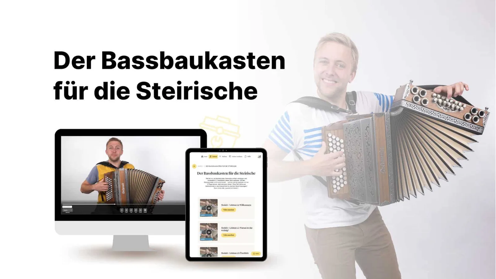 Mockup mit Desktop und Tablet zeigt Kurs Der Bassbaukasten für die Steirische