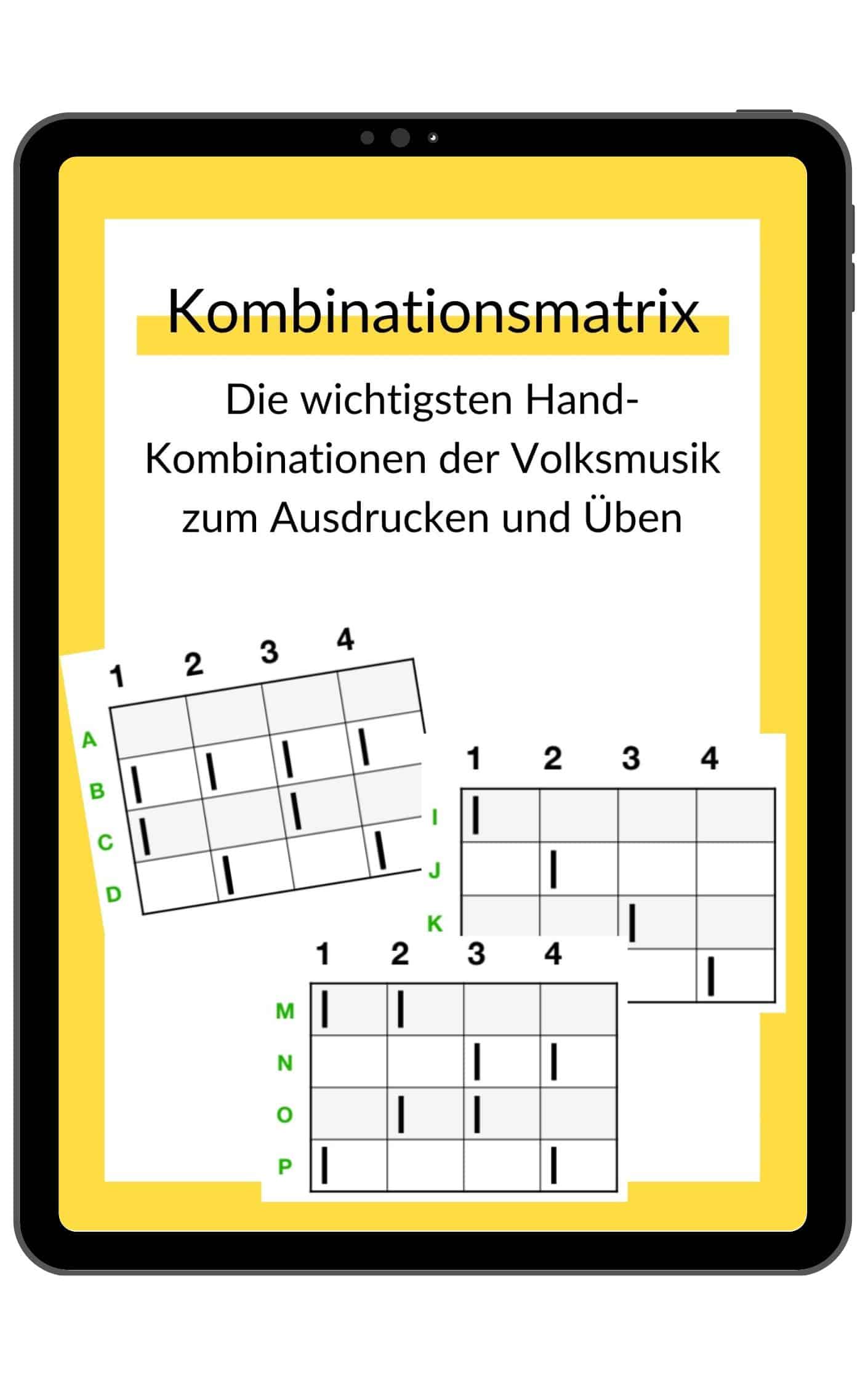 Tablet-Mockup zeigt Kombinationsmatrix für Handkombinationen der Volksmusik