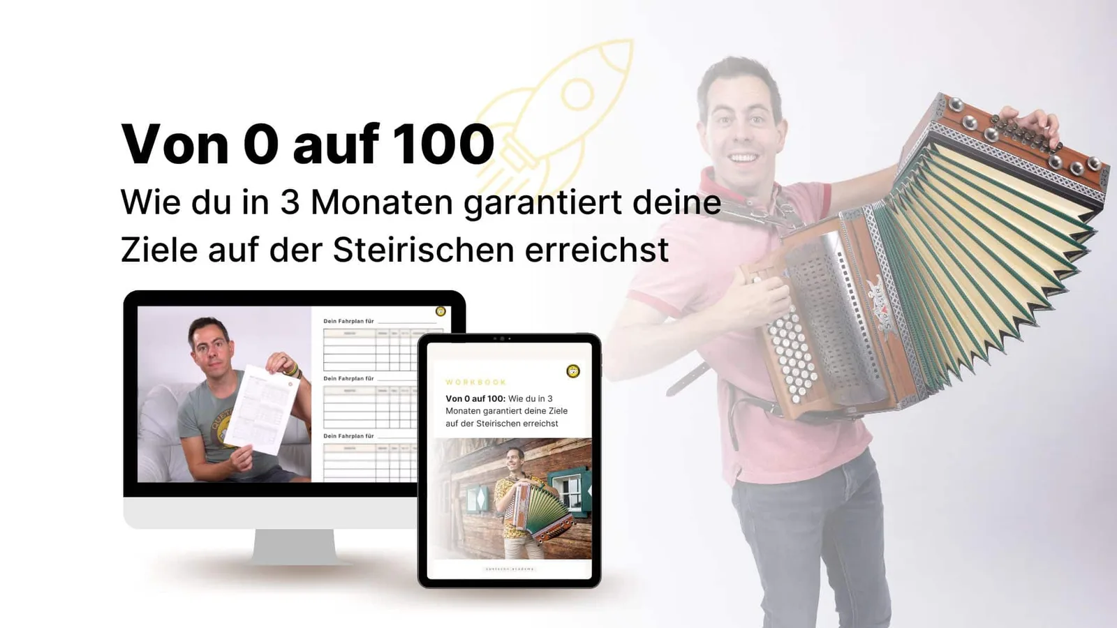 Mockup mit Desktop und Tablet zeigt Kurs Von 0 auf 100 mit Video und Fahrplan