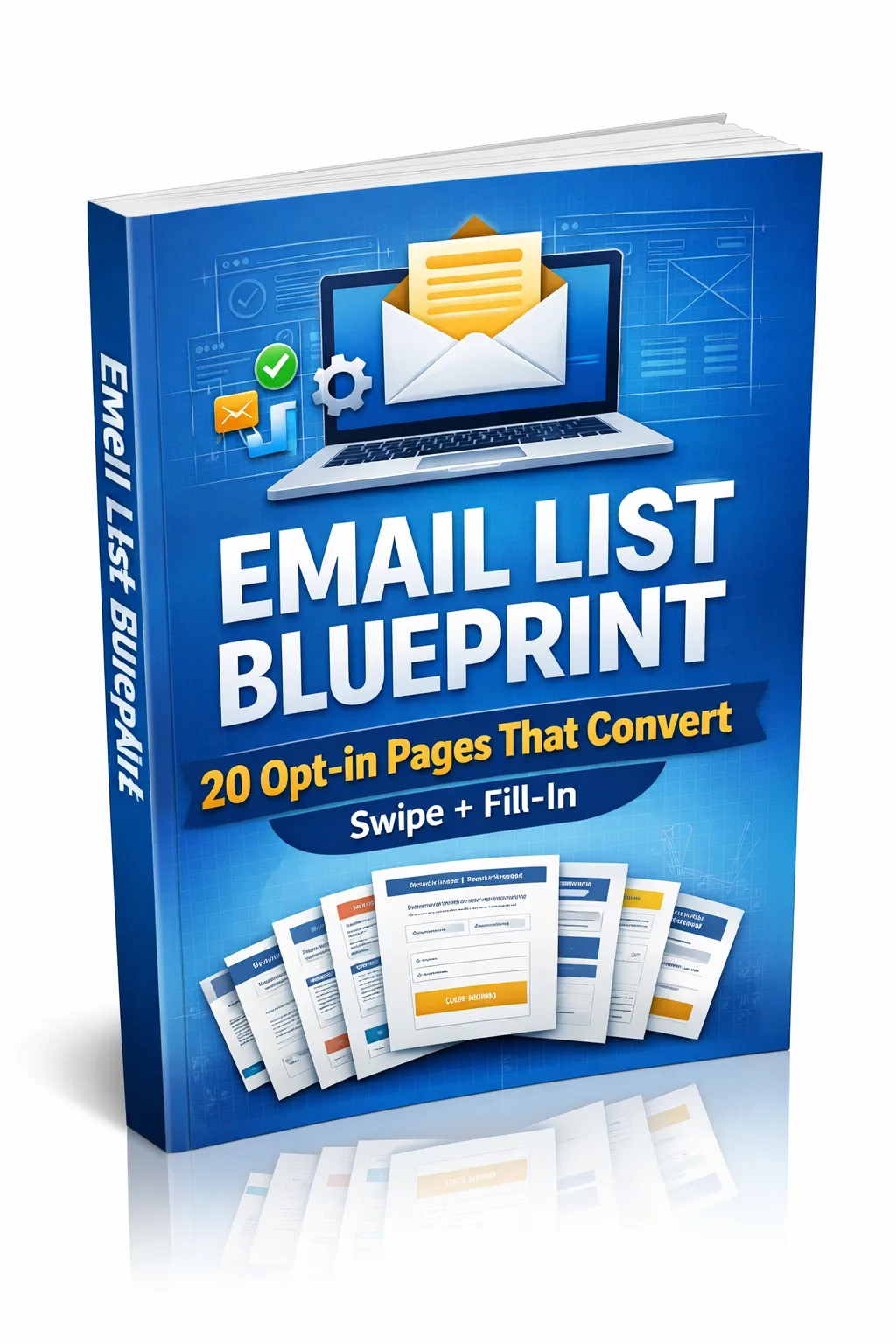Das Emergency Income System – E-Book zum Nebeneinkommen von Heiko Boos 5 Email List Blueprint E-Book Cover mit Laptop, Envelope-Icon und Opt-in Pages