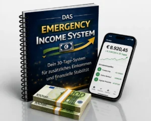 Das Emergency Income System E-Book mit Spiral-Bindung, Smartphone mit Einnahmendashboard und Geldscheine
