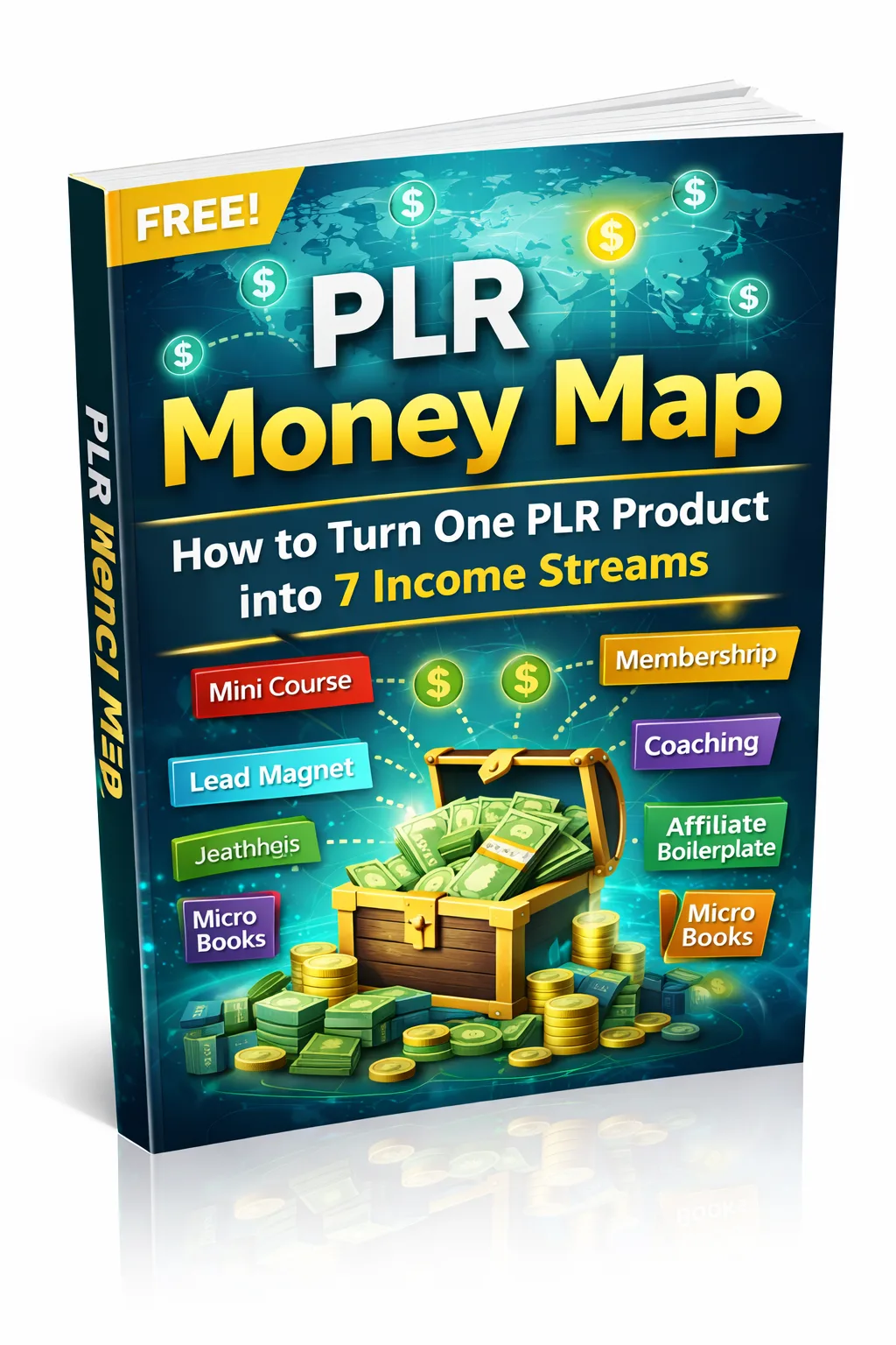 Das Emergency Income System – E-Book zum Nebeneinkommen von Heiko Boos 7 PLR Money Map E-Book Cover mit Schatztruhe und Einkommensströmen-Diagramm