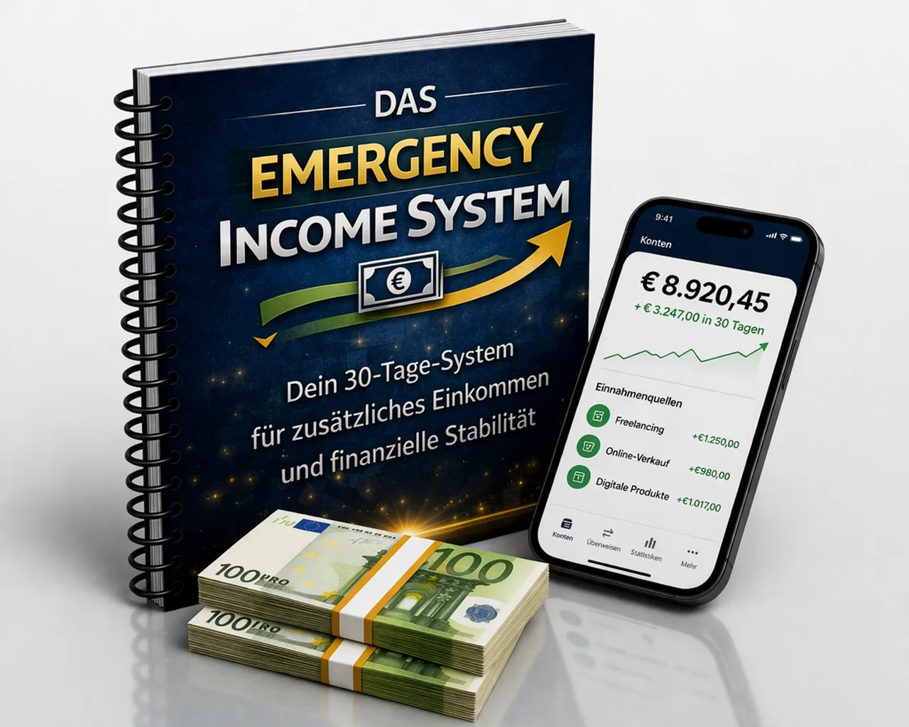 Das Emergency Income System – E-Book zum Nebeneinkommen von Heiko Boos 1 Das Emergency Income System E-Book mit Spiral-Bindung, Smartphone mit Einnahmendashboard und Geldscheine