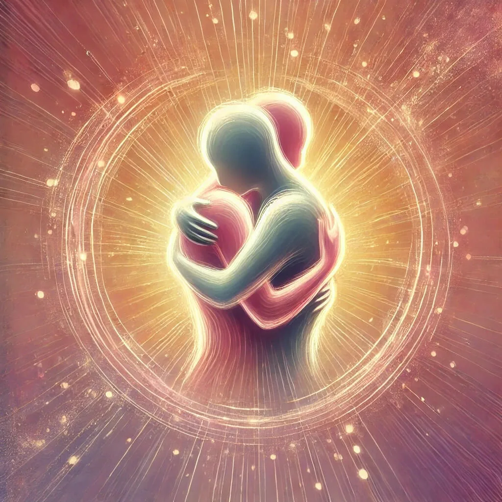 Abstrakte Illustration zweier leuchtender Figuren in Umarmung mit goldenem Glühen und spiralförmigen Energielinien