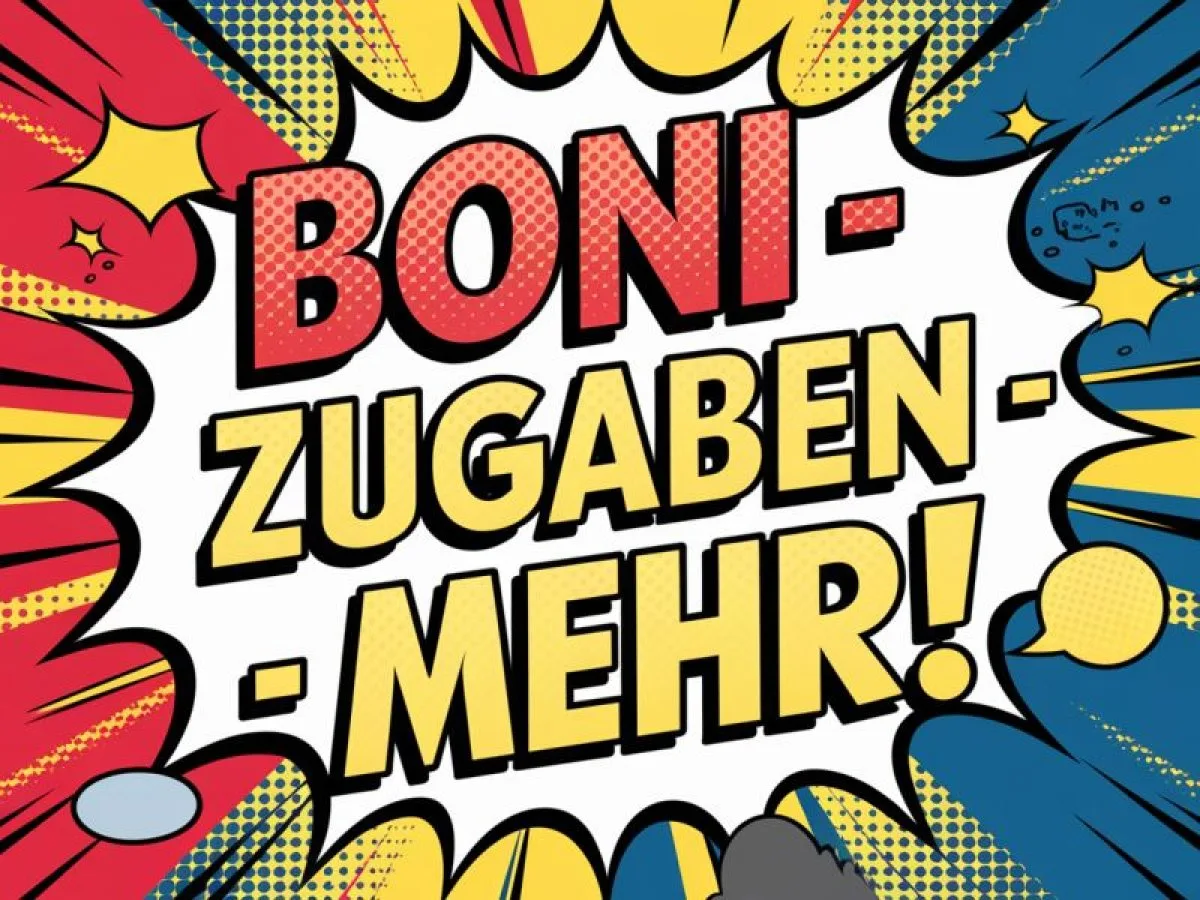 Comic-Stil Grafik mit Text Boni-Zugaben-Mehr in roten und gelben Farben