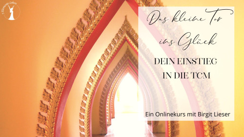 Kurscover mit verziertem Tor, Text 'Das kleine Tor ins Glück – Dein Einstieg in die TCM' und 'Ein Onlinekurs mit Birgit Liese