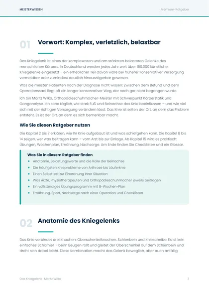 Seite 3 des Ratgebers mit den Kapiteln Vorwort zur Komplexität des Kniegelenks und Anatomie des Kniegelenks