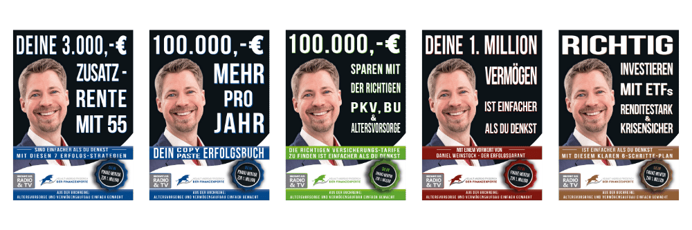 Das Komplett-Paket zu Deiner finanziellen Freiheit 2 Fünf Buch-Cover nebeneinander mit Helmut Andreas Friederich und verschiedenen Finanzthemen