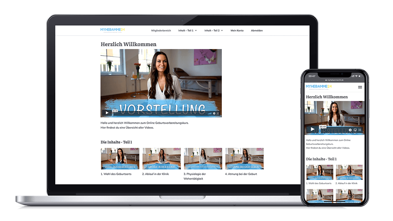 Screenshot des MyHebamme24 Onlinekurses auf Laptop und Smartphone, Willkommensseite mit Video und Kursmodule