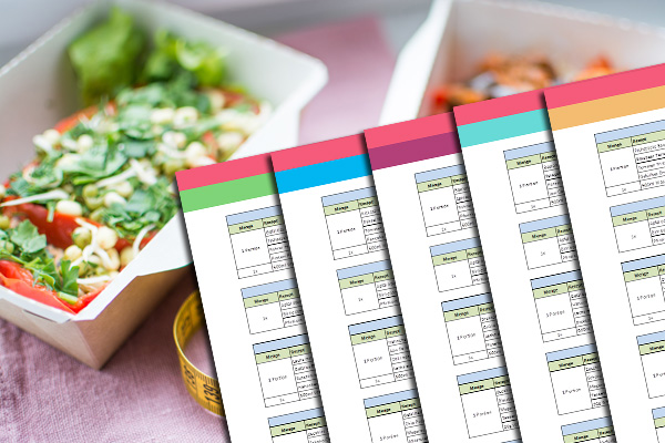 Low Carb – Abnehmkurs mit Ernährungsplan von OnVersum GmbH 3 Ernährungsplan zum Ausdrucken mit farbigen Registerkarten neben frischem Salat