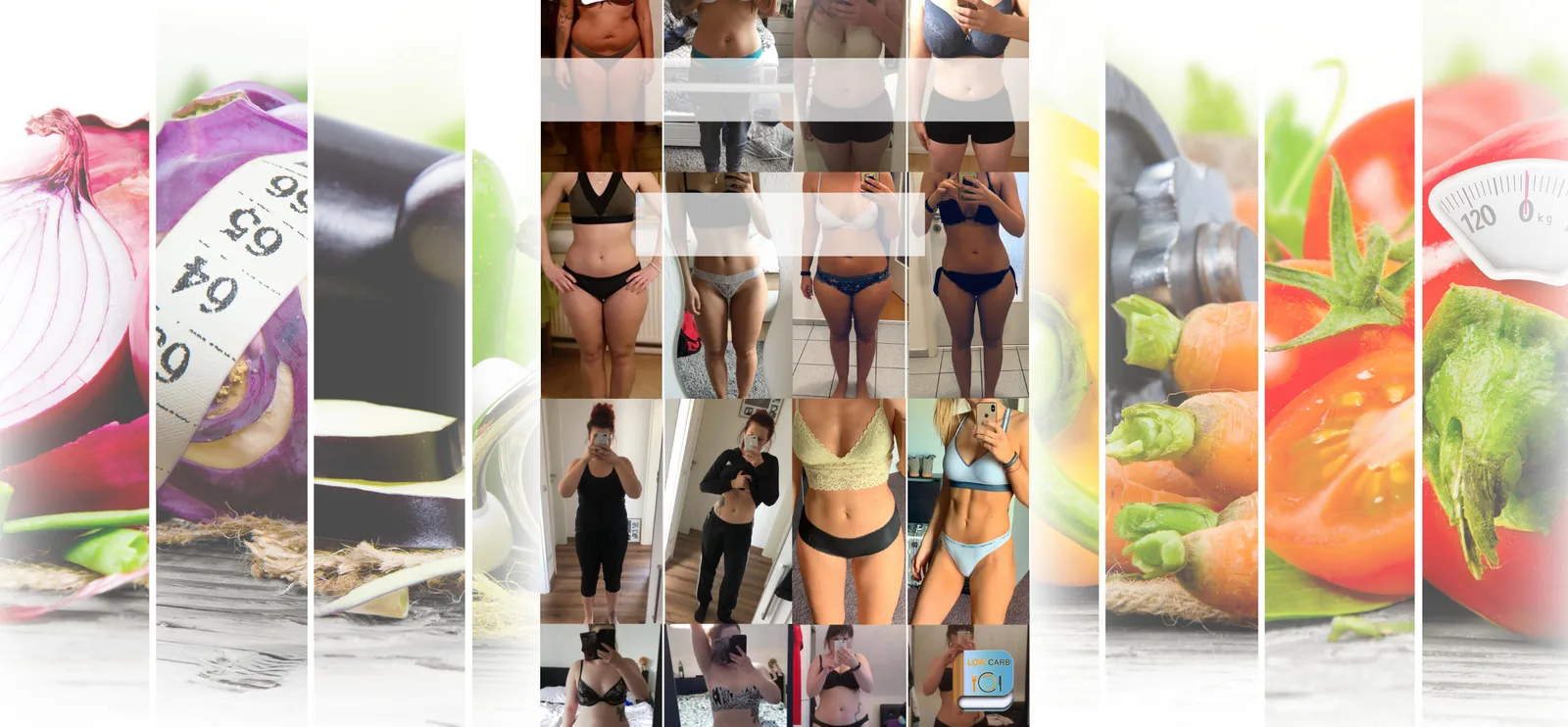 Low Carb – Abnehmkurs mit Ernährungsplan von OnVersum GmbH 2 Das Low Carb Programm Hero-Banner mit Vorher-Nachher-Bildern, Lebensmitteln und Trainingsszenen