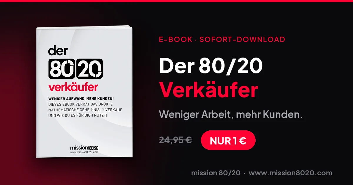 Das Marktführer-System – Coaching zur Marktpositionierung 1 Hero-Banner für eBook Der 80/20 Verkäufer mit Buchcover, Preis 1€ und Verkaufs-Tagline