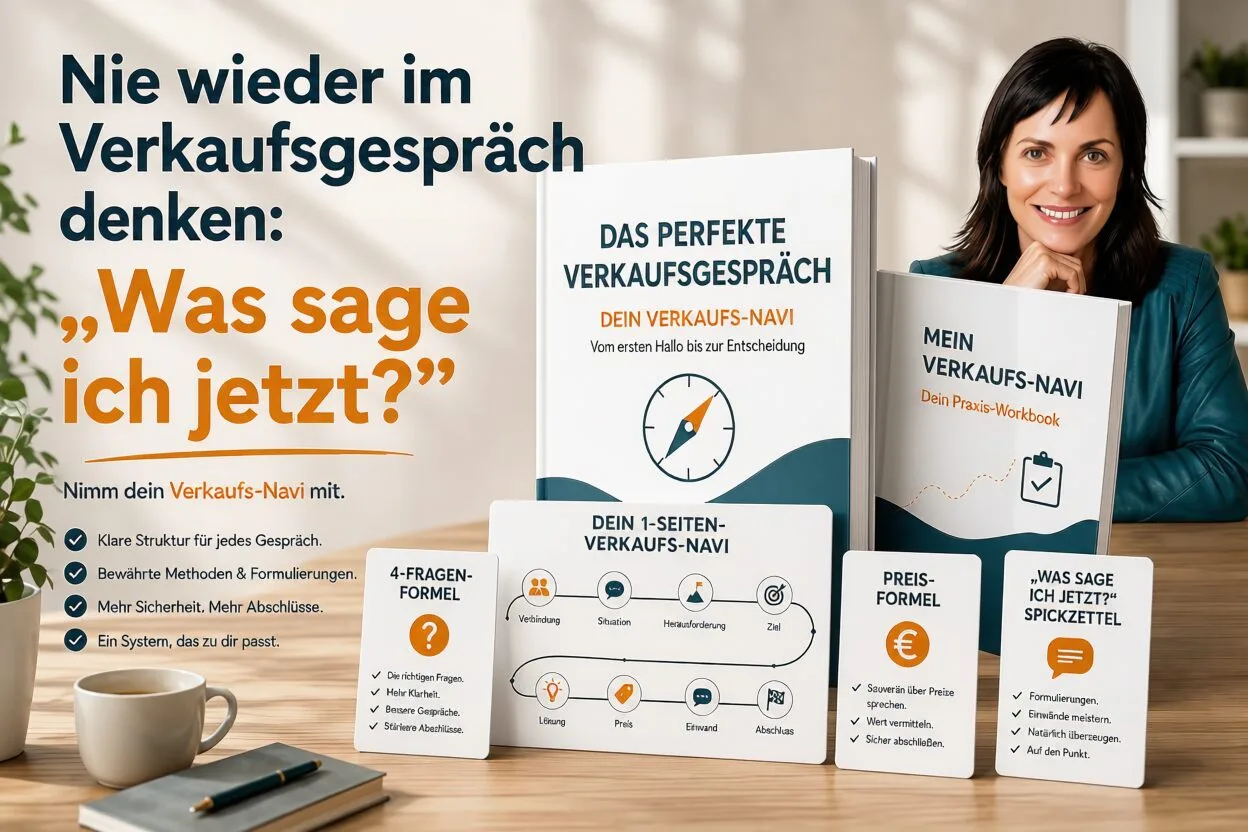 Das perfekte Verkaufsgespräch – Vertriebstraining als Videokurs 1 Produktmockup: Bücher und Lernmaterialien zum Verkaufsgespräch mit Frau in grünem Blazer