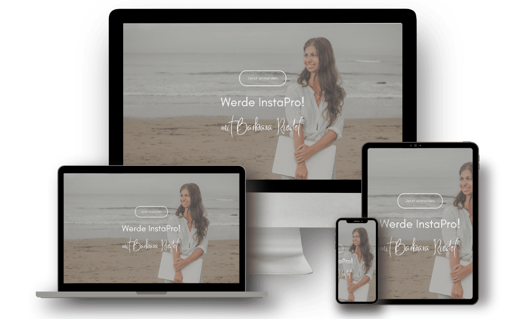 Das ultimative Instagram-Bundle – E-Book-Paket zu Instagram 8 Responsive Mockup zeigt Landingpage auf Desktop, Laptop und Smartphone mit Frau am Strand und Text Werde InstaPro mit Barbara
