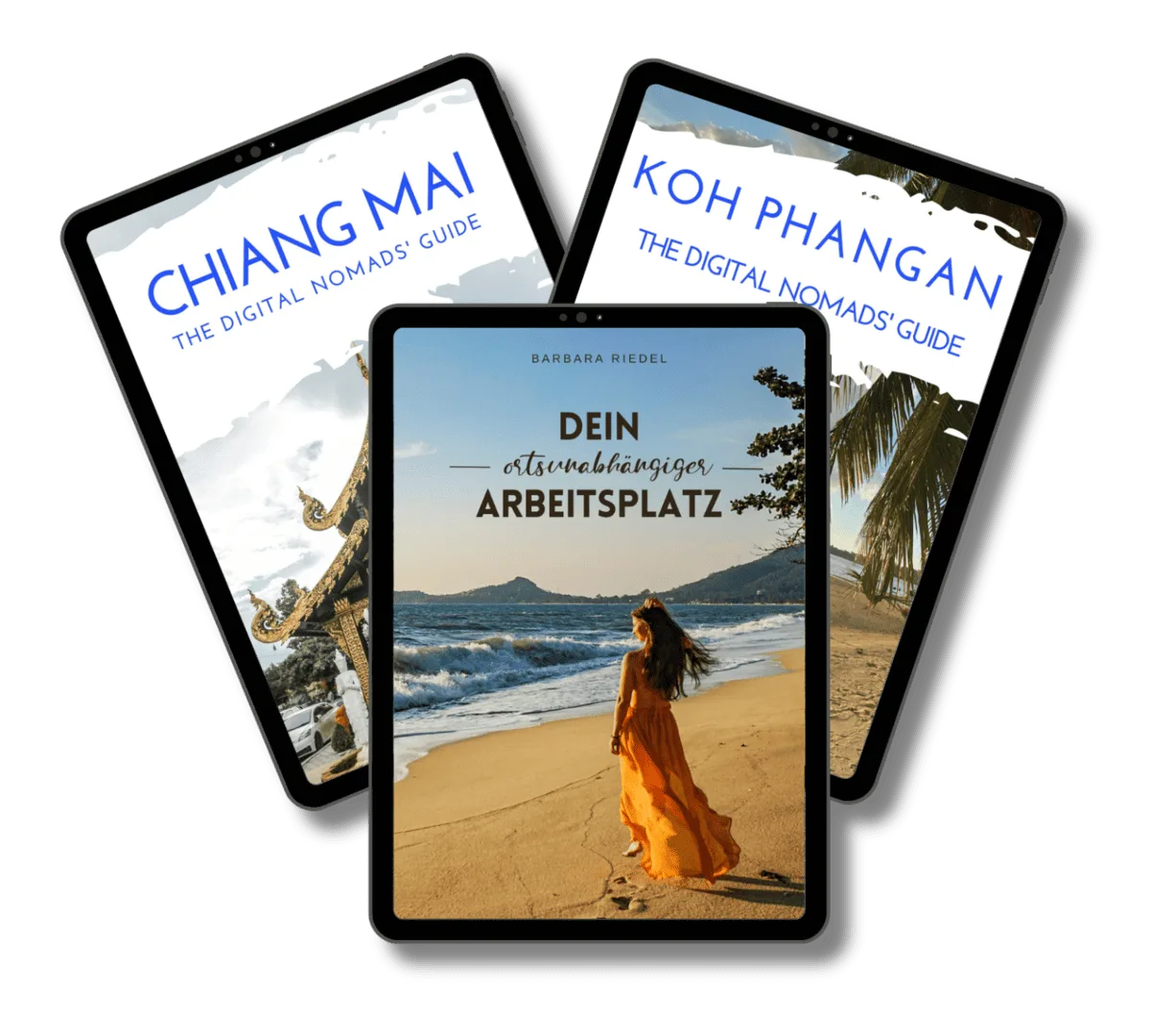 Das ultimative Instagram-Bundle – E-Book-Paket zu Instagram 6 Drei Tablets zeigen Guides: Chiang Mai Digital Nomads Guide, Koh Phangan Digital Nomads Guide, Dein ortsunabhängiger Arbeitsp