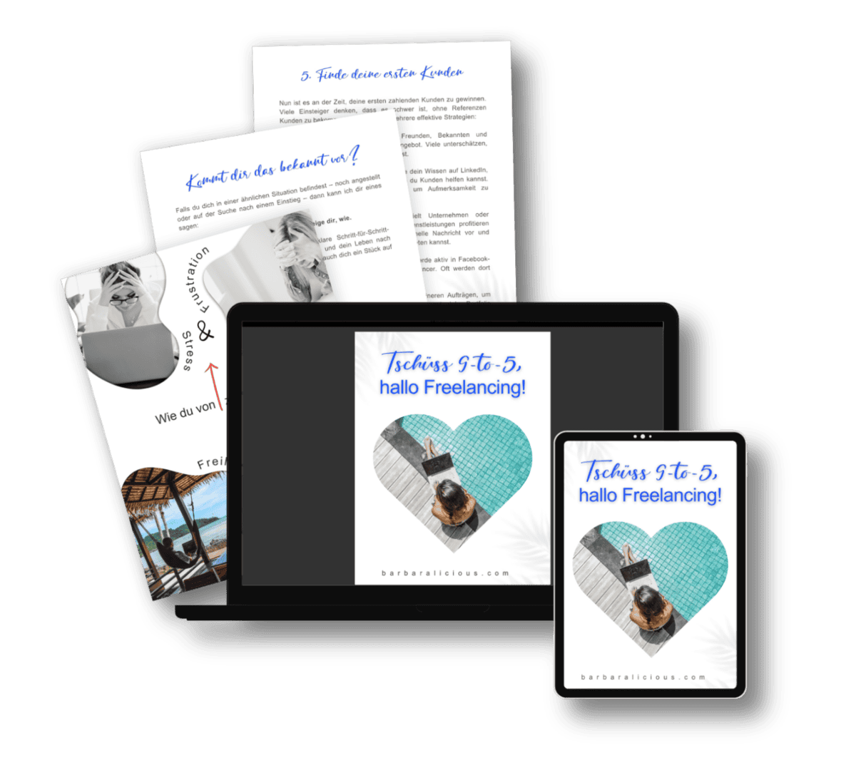 Das ultimative Instagram-Bundle – E-Book-Paket zu Instagram 3 Mockup zeigt E-Book auf Laptop und Tablet mit Cover Tschüss 9-to-5, hallo Freelancing und mehrere Seiten mit Text