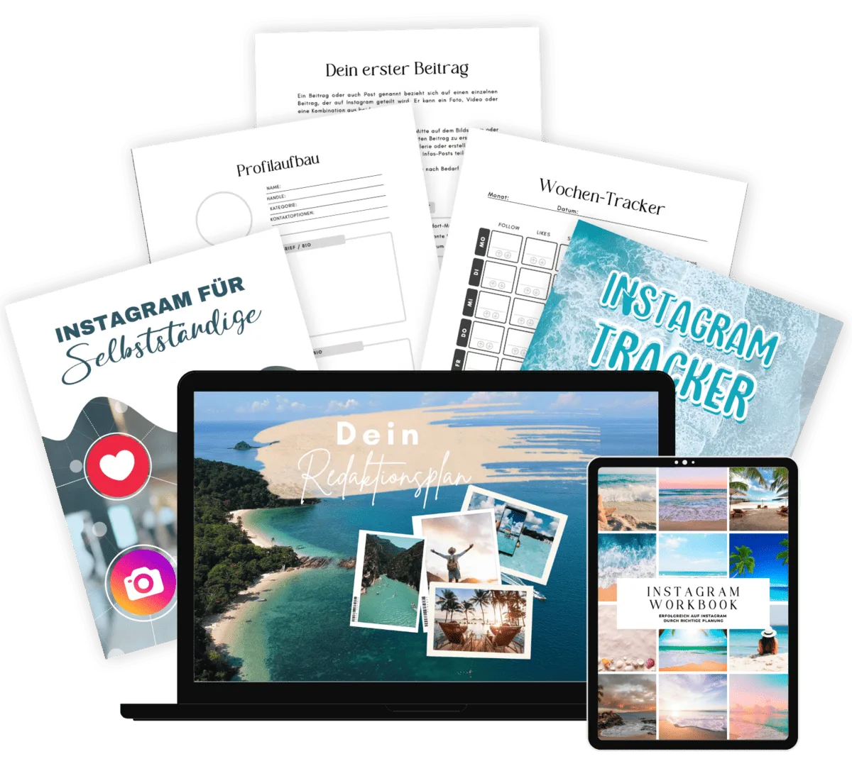 Das ultimative Instagram-Bundle – E-Book-Paket zu Instagram 4 Mockup zeigt Bundle-Inhalte auf Laptop und Tablet: Dein Ruheflussplan, Dein Ruheflussplan, Instagram Tracker, Wochen-Tracker,